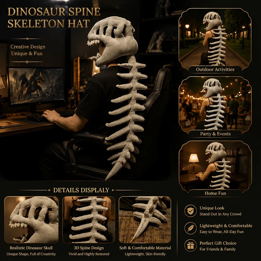 Dinosaur Spine Skeleton Plush Hat – 1-Meter 3D Design, Soft & Comfortable, Party Fun Photo-Ready Prop. (GREY)
