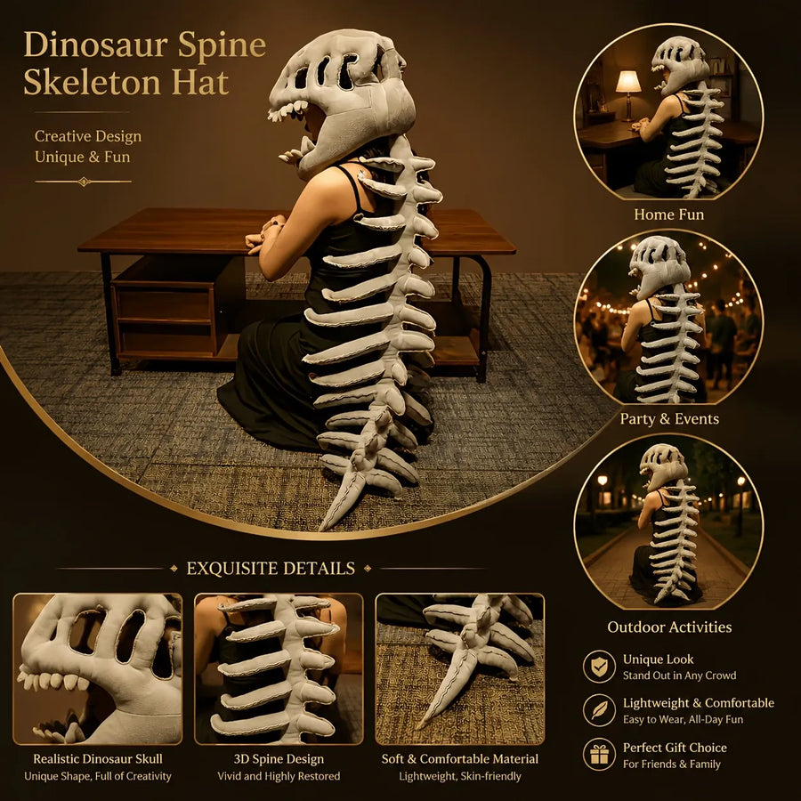 Dinosaur Spine Skeleton Plush Hat – 1-Meter 3D Design, Soft & Comfortable, Party Fun Photo-Ready Prop. (GREY)