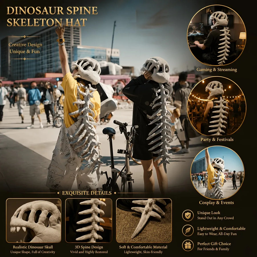 Dinosaur Spine Skeleton Plush Hat – 1-Meter 3D Design, Soft & Comfortable, Party Fun Photo-Ready Prop. (GREY)