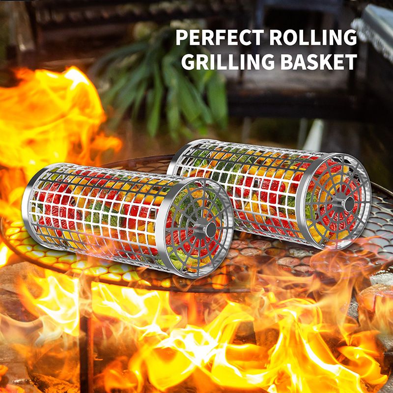 Stainless Steel Rolling BBQ Basket | Dual-Use Grill Cage for Camping