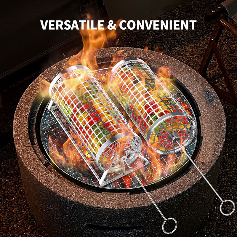 Stainless Steel Rolling BBQ Basket | Dual-Use Grill Cage for Camping