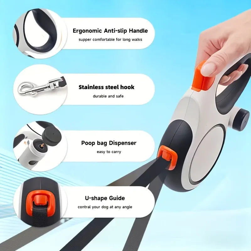 【Upgraded Retractable Dog Leash】50KG Strong Load Capacity, 5M Free Retraction, Ergonomic Anti-slip Handle, One-touch Lock(Khaki)