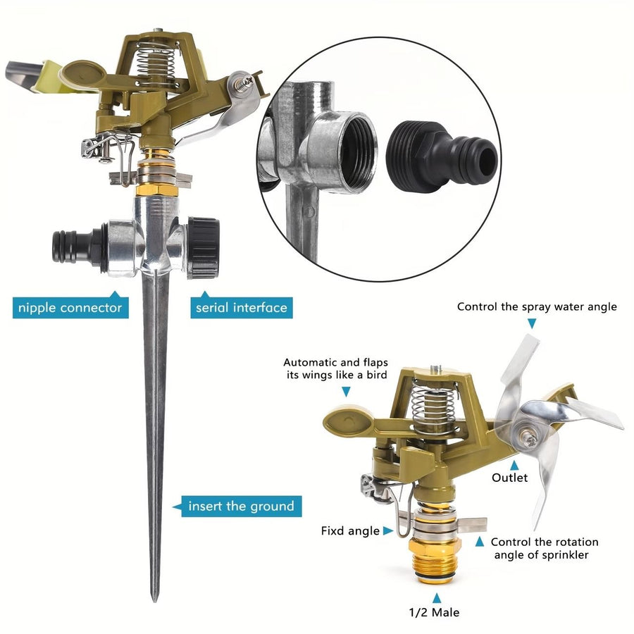 Zinc Alloy Rotating Sprinkler, 25°-360° Adjustable, 10-20m Wide Coverage, Spike Automatic Irrigation, Must-Have for Lawn & Garden.*bronze