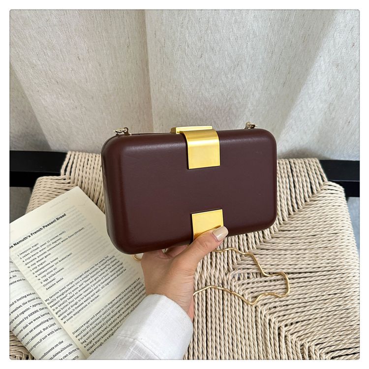 Fashion Metal Magnetic Chain Small Square Bag: Crossbody & Shoulder Bag, Polyester Lining.(brown)