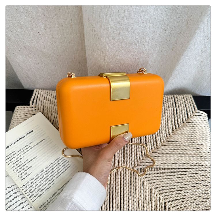 Fashion Metal Magnetic Chain Small Square Bag: Crossbody & Shoulder Bag, Polyester Lining.(orange)