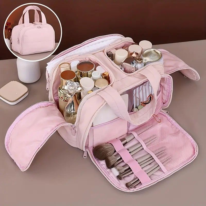 Travel Toiletry & Makeup Bag – Large Capacity Organiser Wash Bag with Compartments(beige)