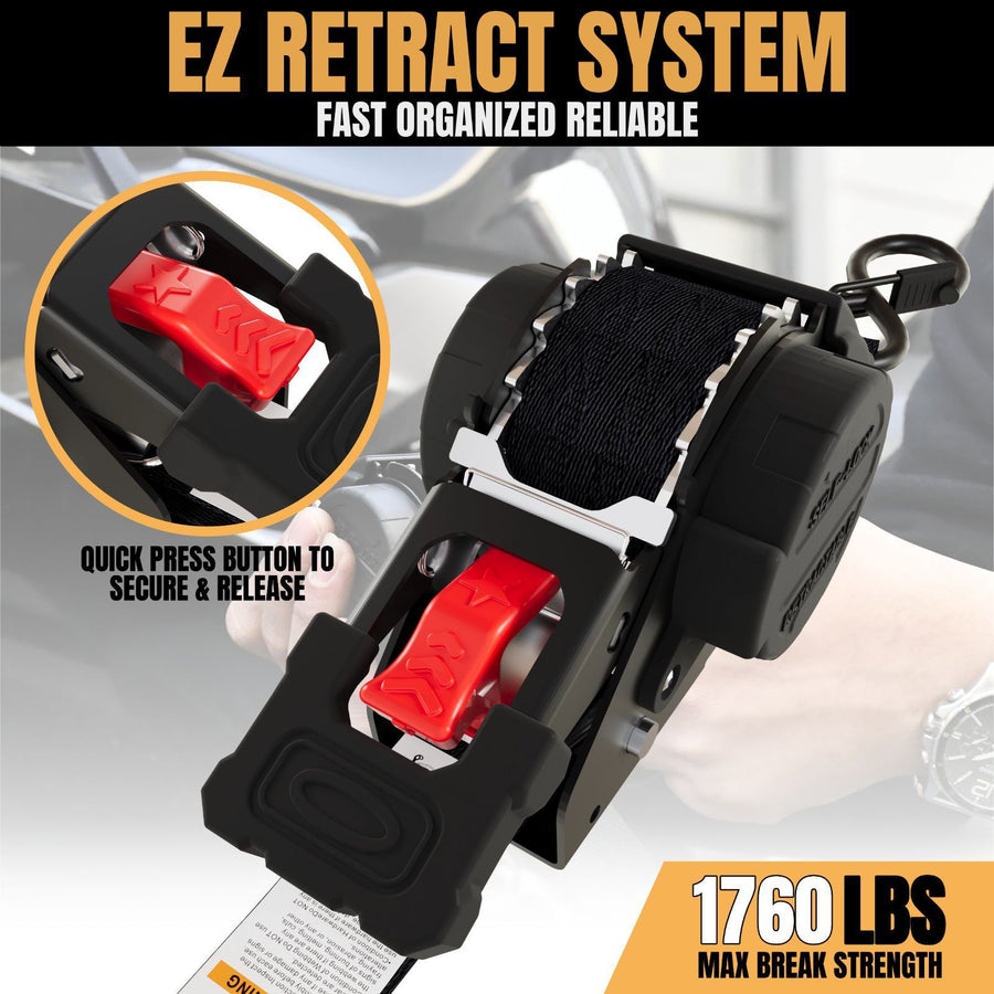 1"x3m Slow-Retract Auto Ratchet + Figure-8 Strap, Smooth Recoil, Pinch-Proof, Even Tension, Universal Cargo Tie-Down.