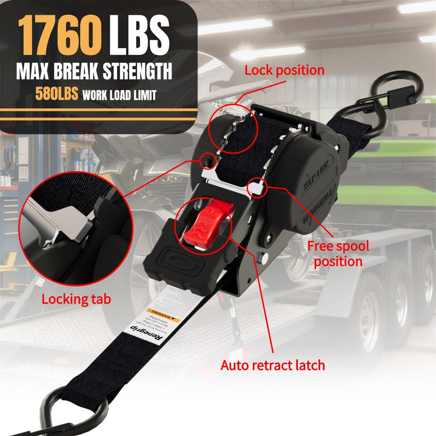 1"x3m Slow-Retract Auto Ratchet + Figure-8 Strap, Smooth Recoil, Pinch-Proof, Even Tension, Universal Cargo Tie-Down.