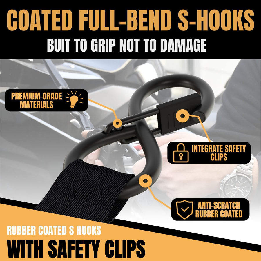 1"x3m Slow-Retract Auto Ratchet + Figure-8 Strap, Smooth Recoil, Pinch-Proof, Even Tension, Universal Cargo Tie-Down.