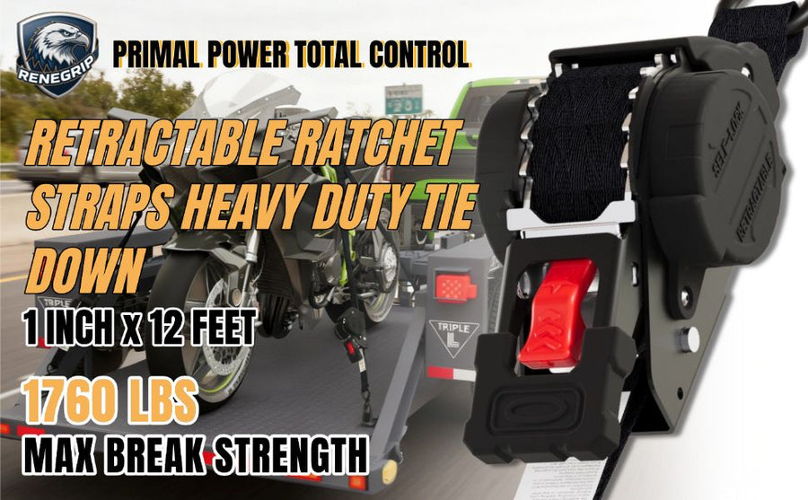 1"x3m Slow-Retract Auto Ratchet + Figure-8 Strap, Smooth Recoil, Pinch-Proof, Even Tension, Universal Cargo Tie-Down.
