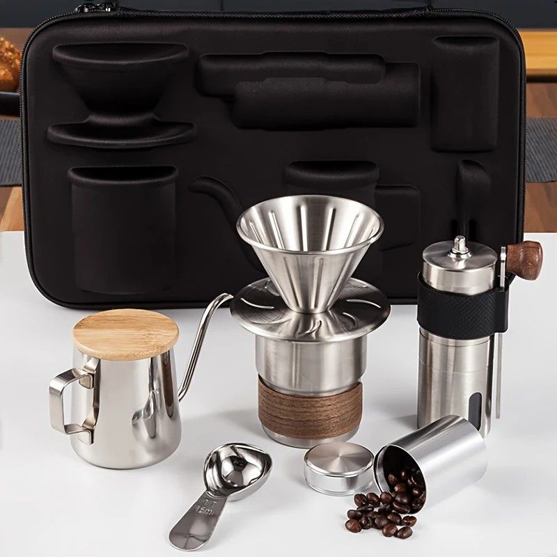 6-Piece Pour Over Coffee Set, Coffee Machine Gift Box, Pour Over Coffee Kettle, Coffee Cup, Coffee Bean Grinder Set.black