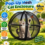 360° Panoramic Pop-Up Cat Enclosure Ball: breathable polyester mesh, escape-proof zipper, tool-free instant setup & foldable—an outdoor cat-walking essential.