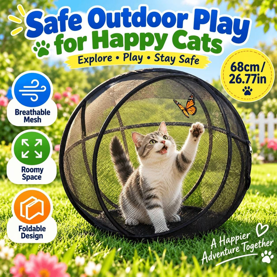 360° Panoramic Pop-Up Cat Enclosure Ball: breathable polyester mesh, escape-proof zipper, tool-free instant setup & foldable—an outdoor cat-walking essential.
