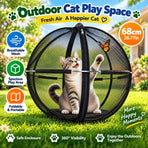 360° Panoramic Pop-Up Cat Enclosure Ball: breathable polyester mesh, escape-proof zipper, tool-free instant setup & foldable—an outdoor cat-walking essential.