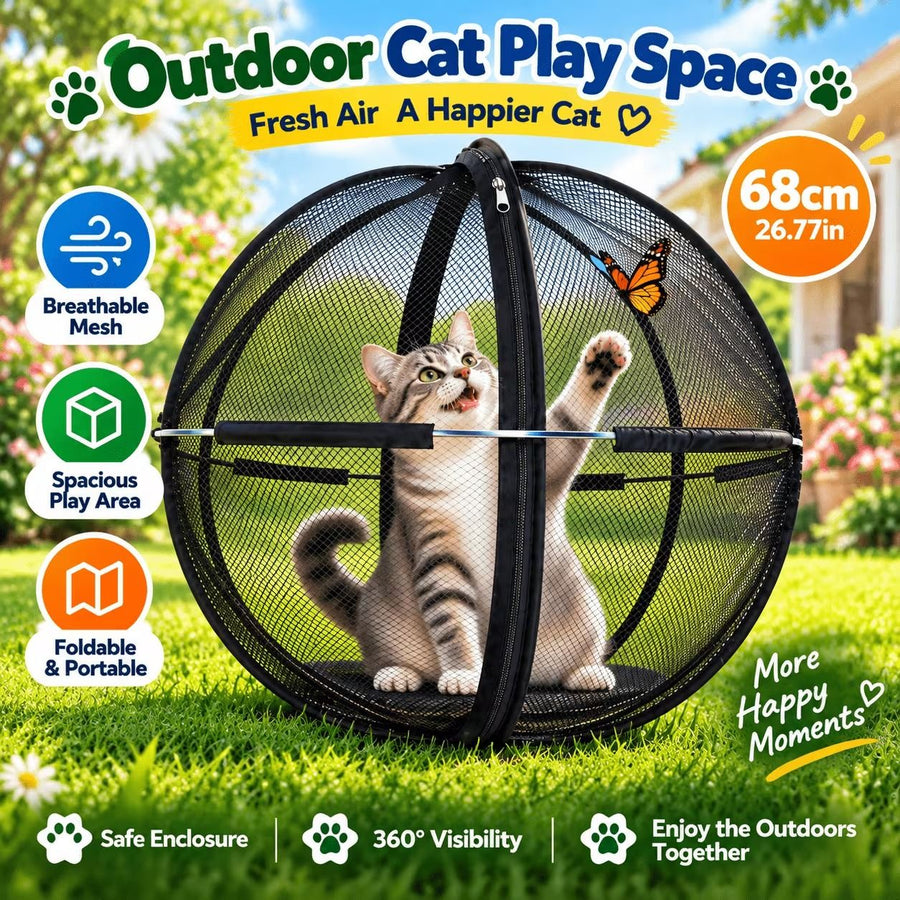 360° Panoramic Pop-Up Cat Enclosure Ball: breathable polyester mesh, escape-proof zipper, tool-free instant setup & foldable—an outdoor cat-walking essential.