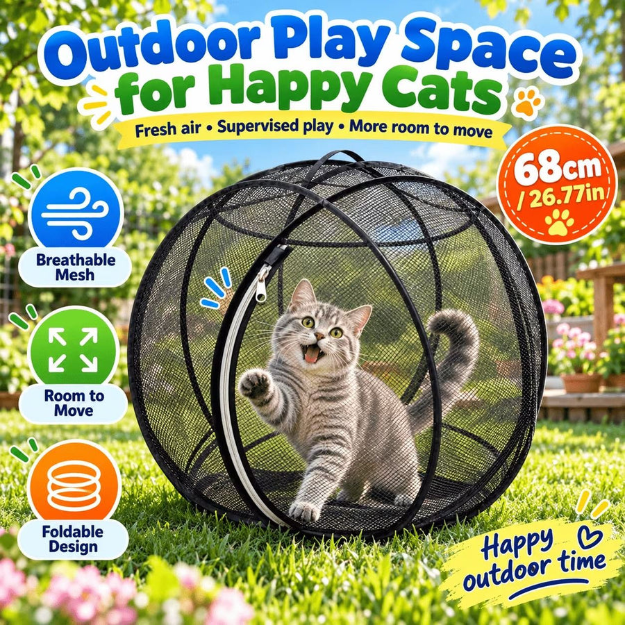 360° Panoramic Pop-Up Cat Enclosure Ball: breathable polyester mesh, escape-proof zipper, tool-free instant setup & foldable—an outdoor cat-walking essential.