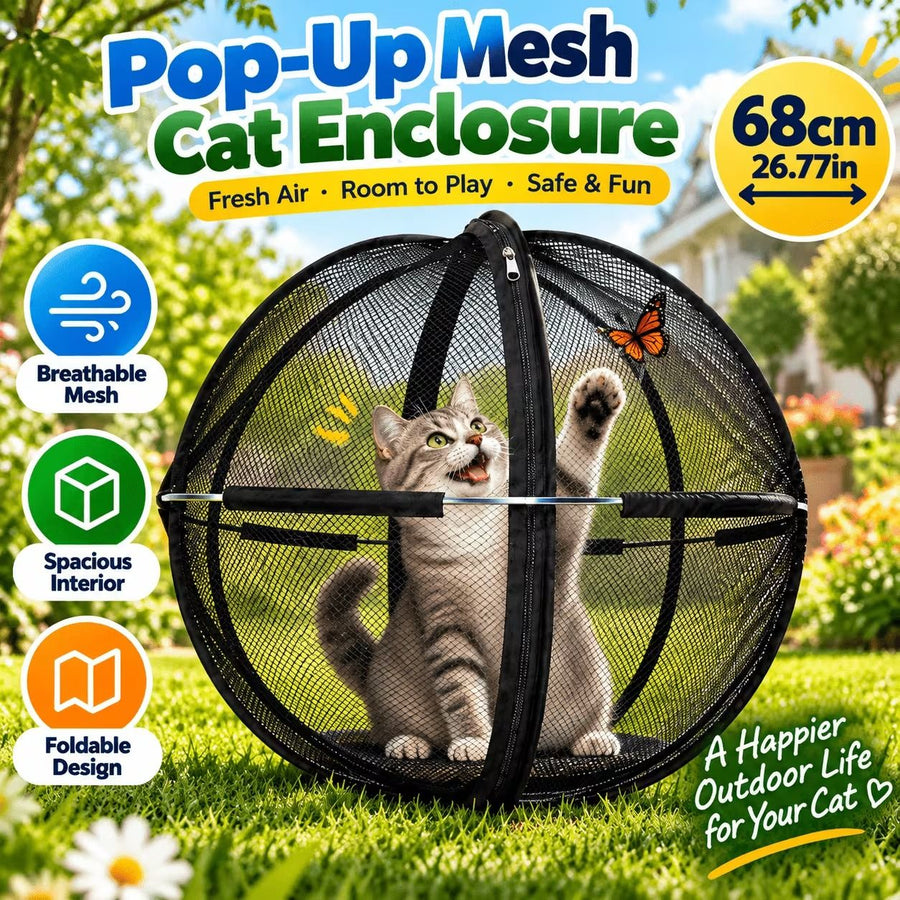 360° Panoramic Pop-Up Cat Enclosure Ball: breathable polyester mesh, escape-proof zipper, tool-free instant setup & foldable—an outdoor cat-walking essential.