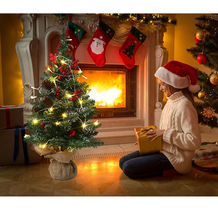 Mini Christmas Tree 45cm, Natural Pinecone Log Base Tabletop Decoration (Colorful Light Version)