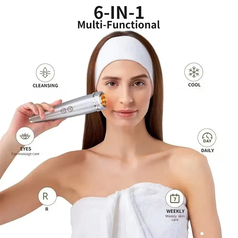 6-in-1 Beauty Device with Hot & Cold Therapy, Red/Blue Light, 3 Intensity Levels & Magnetic Dock. Deep cleansing & firming for daily skincare./WHITE