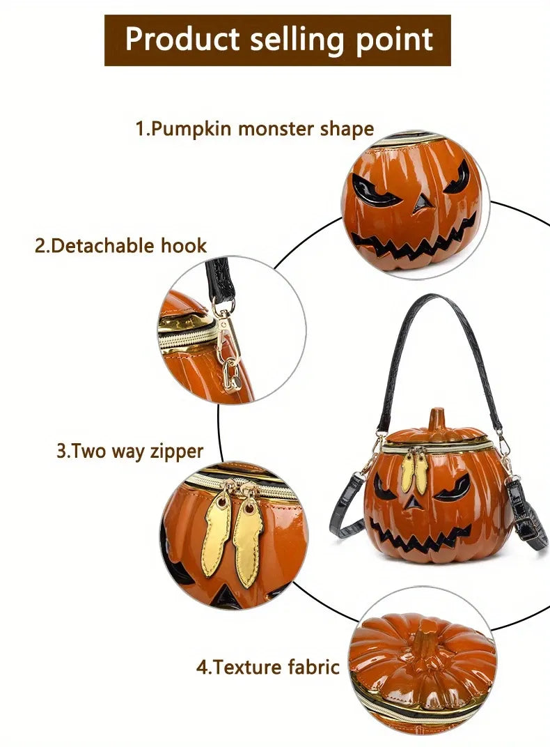 Halloween Upgraded Fun Pumpkin Bag, Dual-Strap Design, PU Material, Medium-Large Capacity, Party Essential./golden