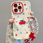 Creamy White Shell Cherry Painting iPhone Case Silicone Drop Protection Full Lens Cover with Lanyard Cute Polka Dot Design(iPhone16pro)
