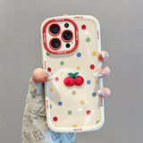 Creamy White Shell Cherry Painting iPhone Case Silicone Drop Protection Full Lens Cover with Lanyard Cute Polka Dot Design(iPhone16pro) - Front View