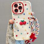 Creamy White Shell Cherry Painting iPhone Case Silicone Drop Protection Full Lens Cover with Lanyard Cute Polka Dot Design(iPhone16plus)