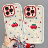 Creamy White Shell Cherry Painting iPhone Case Silicone Drop Protection Full Lens Cover with Lanyard Cute Polka Dot Design(iPhone17) - 45-Degree Angle