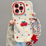 Creamy White Shell Cherry Painting iPhone Case Silicone Drop Protection Full Lens Cover with Lanyard Cute Polka Dot Design(iPhone17) - Low Angle