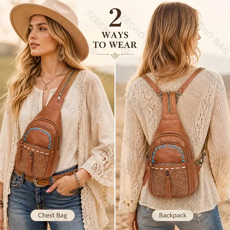 Vintage Bohemian Multi-Functional Chest Bag | PU Embossed 3-in-1 Bag, Exuding Bohemian Charm/brwon