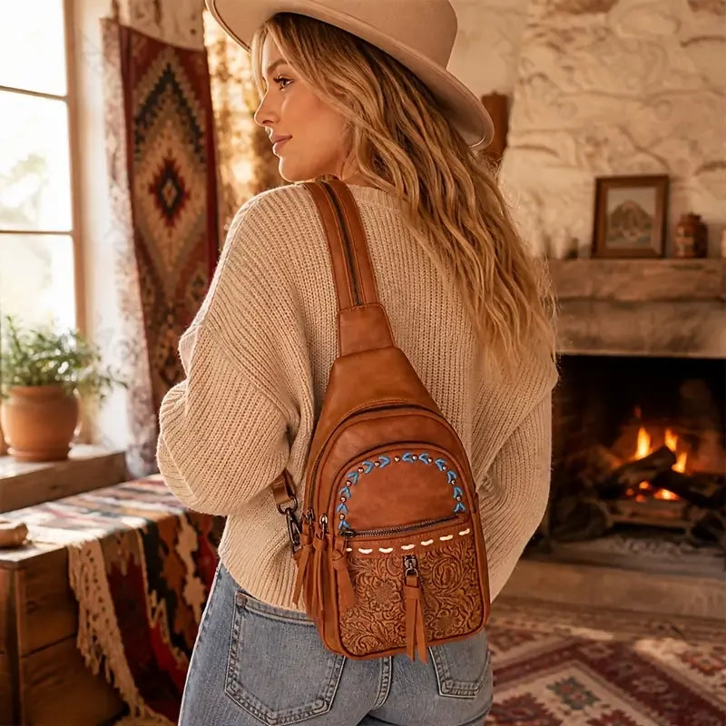 Vintage Bohemian Multi-Functional Chest Bag | PU Embossed 3-in-1 Bag, Exuding Bohemian Charm/brwon