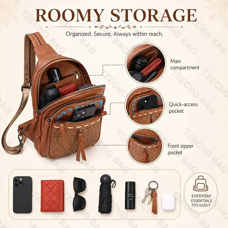 Vintage Bohemian Multi-Functional Chest Bag | PU Embossed 3-in-1 Bag, Exuding Bohemian Charm/brwon