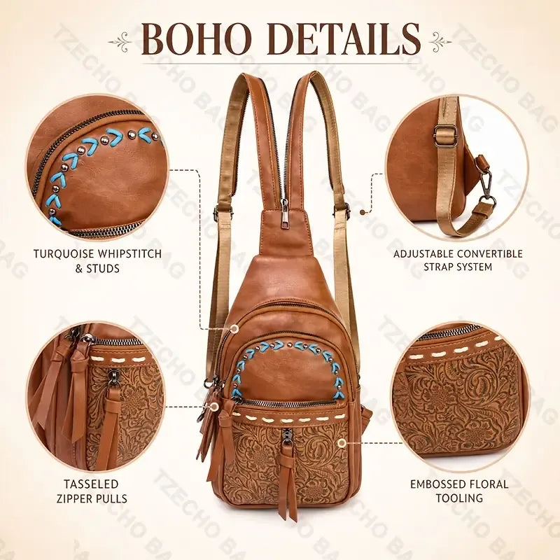 Vintage Bohemian Multi-Functional Chest Bag | PU Embossed 3-in-1 Bag, Exuding Bohemian Charm/brwon