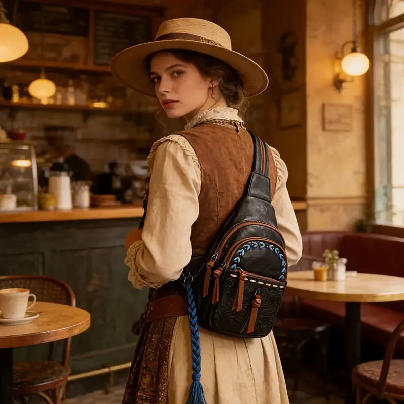 Vintage Bohemian Multi-Functional Chest Bag | PU Embossed 3-in-1 Bag, Exuding Bohemian Charm/brwon