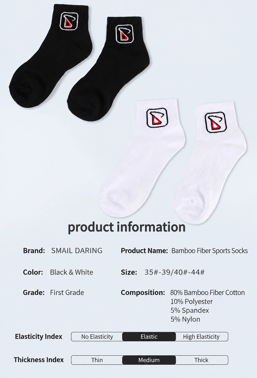 Breathable & moisture-wicking, antibacterial & odor-resistant — SMAIL DARING Bamboo Fiber Sports Socks 2-Pack (1 Pair White + 1 Pair Black) Size 35#-39#