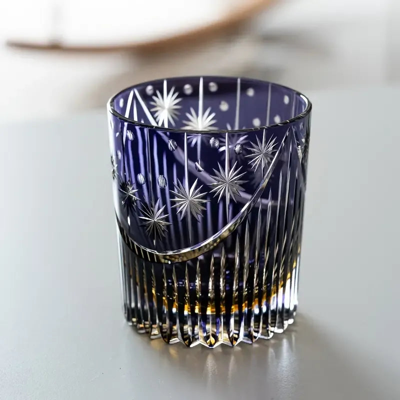 Hand-Carved Purple Kiriko Glass, Crystal Whiskey Glass, Edo Pattern High-End Spirits Glass