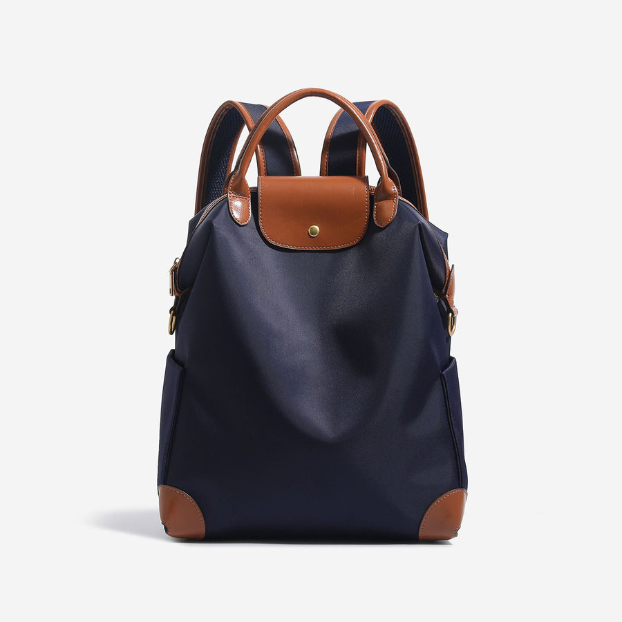 Retro Nylon Backpack: PU Leather Color-Block / Packable & Lightweight / 14-inch Laptop Compartment / Under 20L Capacity, 3-Way Carrying, Versatile for Commuting & Short Trips!(navy blue)