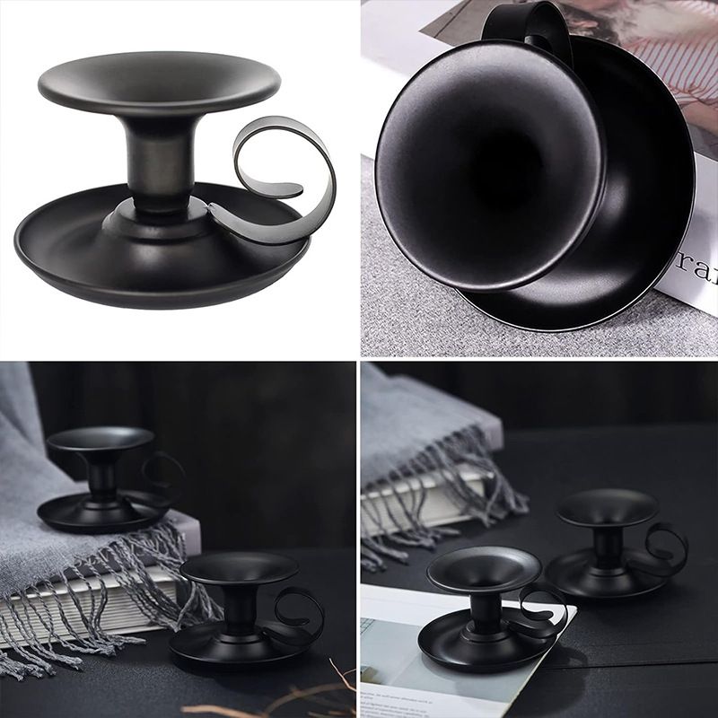 2PCS Handmade Iron Art Vintage Candle Holders, Matte Texture Lights Up Romantic Moments (BLACK)