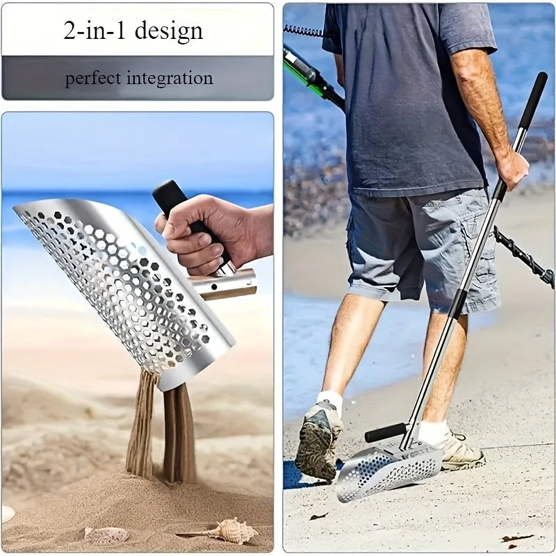 Stainless Steel 2-in-1 Sand Scoop – Metal Detecting & Beachcombing, Telescopic Handle, Sandcastle Tool