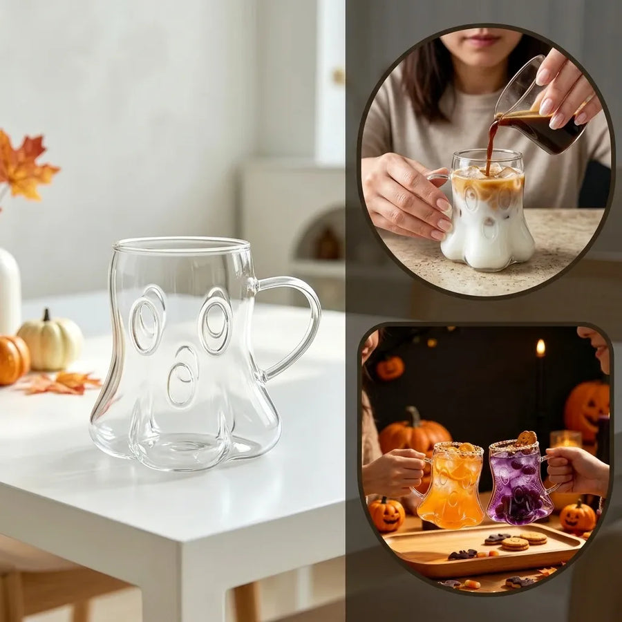 1PCS Halloween Ghost Borosilicate Glass 440ml with Handle – Heat Resistant, Reusable & Great for Party Atmosphere