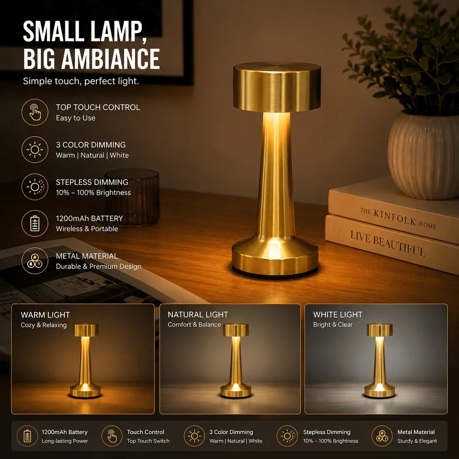 Dumbbell-Shape Metal Touch Lamp – Brushed Body, 3 Color Temperatures, Wireless & Portable, Soft Eye-Friendly Ambient Light（Red Bronze）
