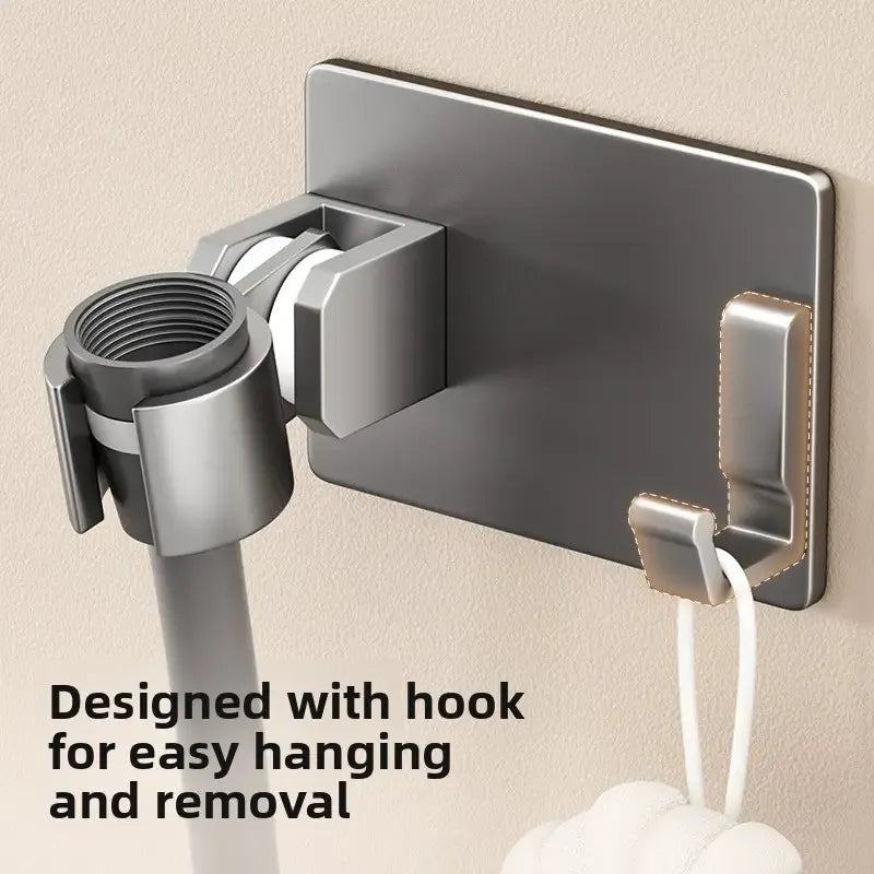 Aluminum alloy no-drill shower holder, strong suction, swivel adjustment multi-function hook, practical bathroom essential. //Elegant black
