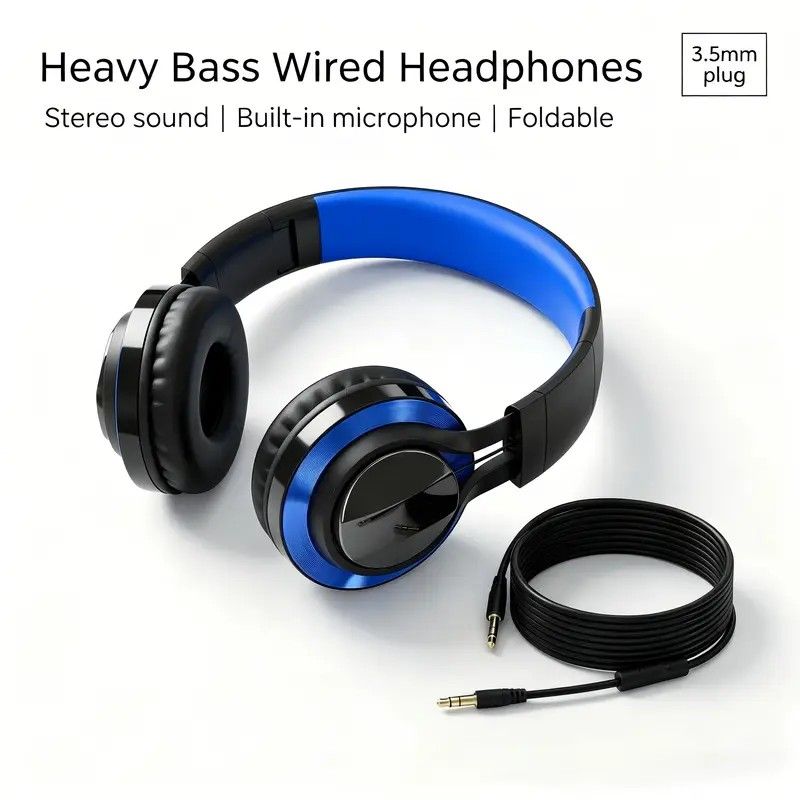 Wired Over-Ear Headset, Portable Folding Heavy Bass Headphones, Built-in Microphone, Compatible with Multiple Devices(Black gold)