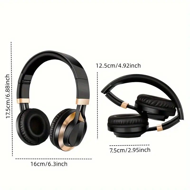 Wired Over-Ear Headset, Portable Folding Heavy Bass Headphones, Built-in Microphone, Compatible with Multiple Devices(Black gold)