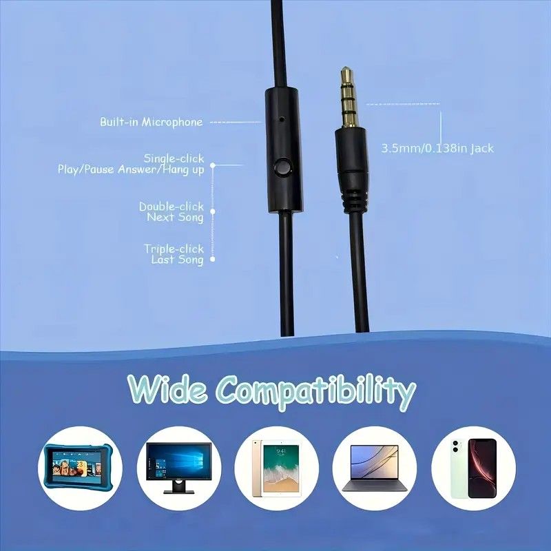 Wired Over-Ear Headset, Portable Folding Heavy Bass Headphones, Built-in Microphone, Compatible with Multiple Devices(black and blue color)