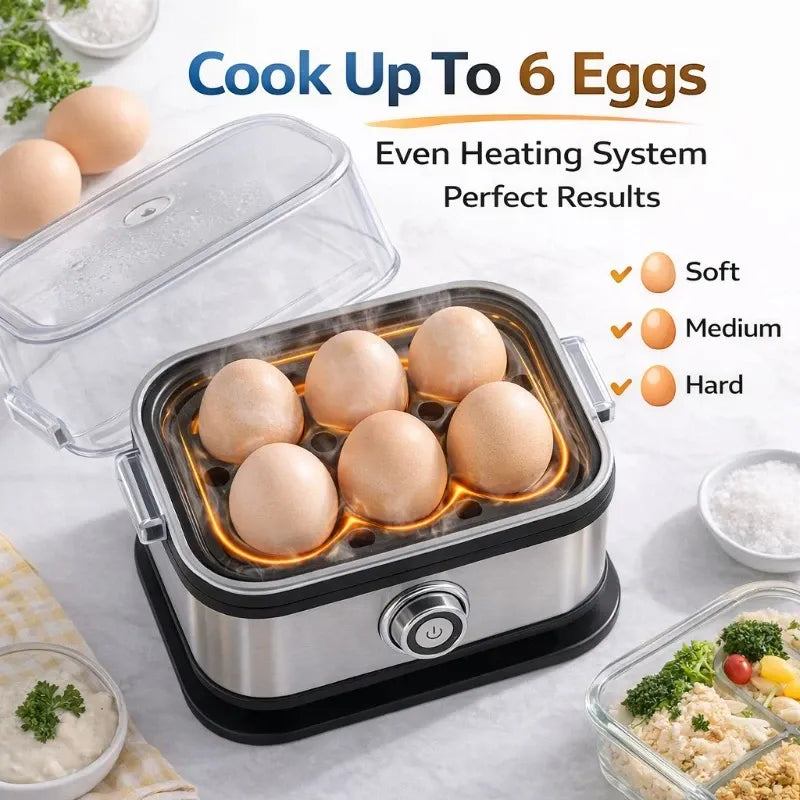 Multifunctional Electric Egg Cooker – Holds 6 Eggs, Timer Control, Soft to Firm Doneness, Quick Breakfasts Made Easy with One Device.