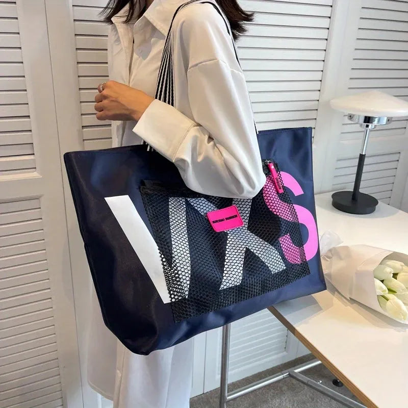 Large canvas tote bag with transparent letter patch, polyester lining, extra-large capacity fits A4 files, multiple pockets, perfect for commute, school, shopping, and short trips.*dark blue