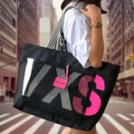 Large canvas tote bag with transparent letter patch, polyester lining, extra-large capacity fits A4 files, multiple pockets, perfect for commute, school, shopping, and short trips.*dark blue