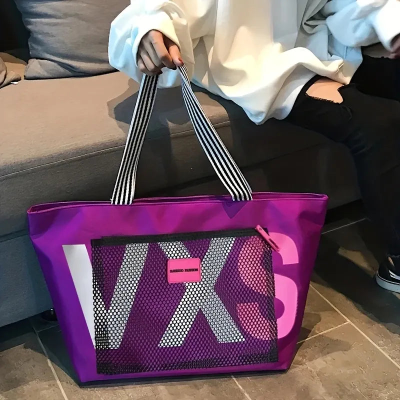 Large canvas tote bag with transparent letter patch, polyester lining, extra-large capacity fits A4 files, multiple pockets, perfect for commute, school, shopping, and short trips.*dark blue
