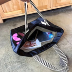 Large canvas tote bag with transparent letter patch, polyester lining, extra-large capacity fits A4 files, multiple pockets, perfect for commute, school, shopping, and short trips.*dark blue